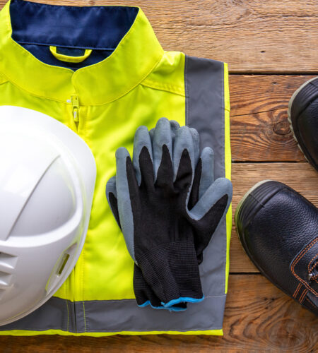 Flat lay, tablet and builder uniform items, builder work and repair concept.