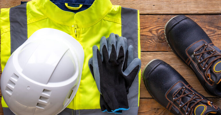 Flat lay, tablet and builder uniform items, builder work and repair concept.