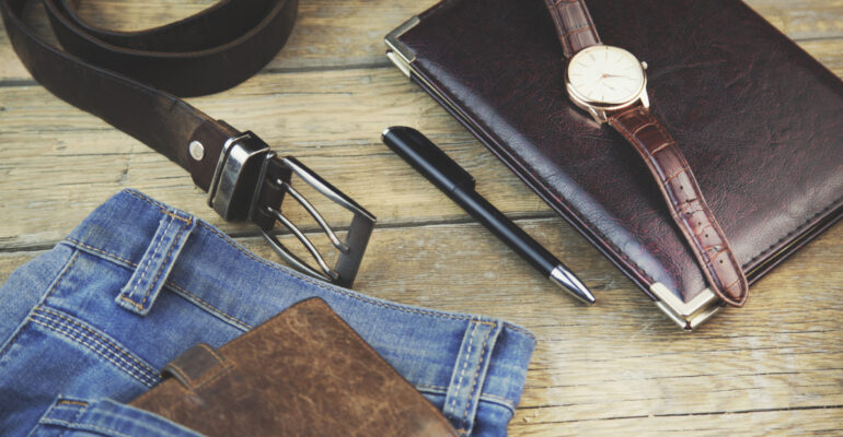 Man elegant accessories Man different elegant accessories on wooden background